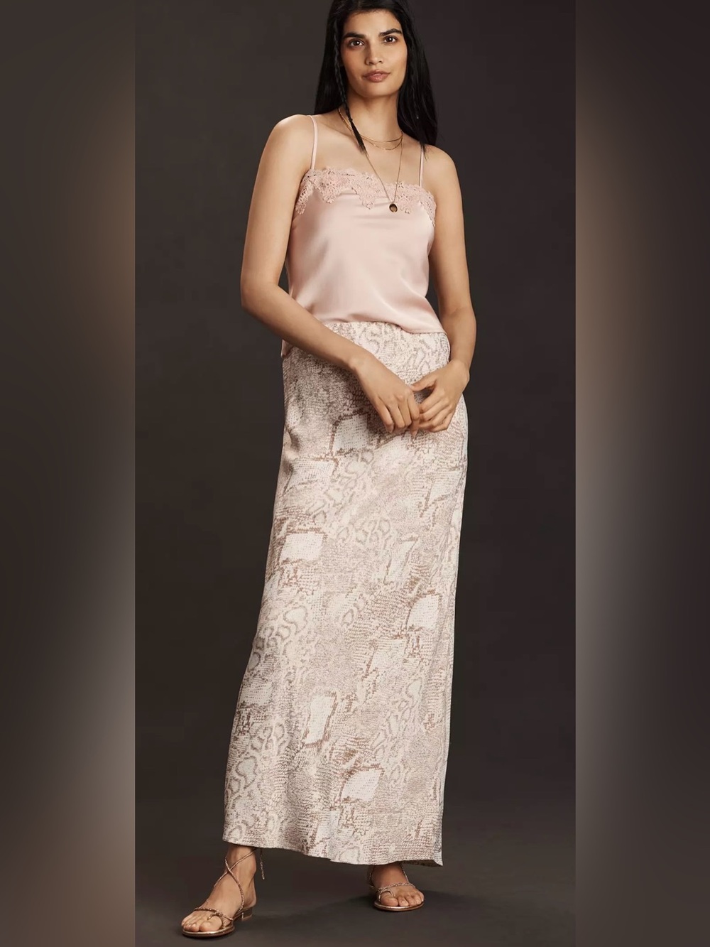 Anthropologie Tulsa Maxi Slip Skirt Cream and Tan Size S